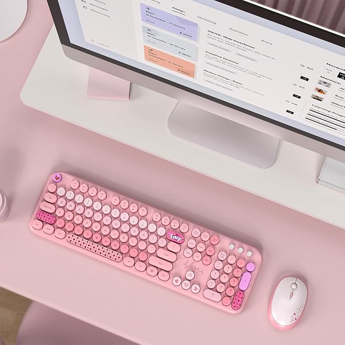 KNOWSQT Wireless Keyboard and Mouse Combo - Lovely Pink Rainbow 2.4G Full-Sized Colorful Keyboards, Round Keycap USB Dongle Plug Play Cute Keyboards for Windows, Laptop, PC, Desktop, Mac