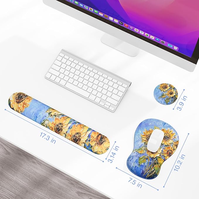 Ospelelf Keyboard Wrist Rest Set with Ergonomic Mouse Pad - 3-in-1 Memory Foam Support for Pain Relief, Office & Gaming with Coaster Blue Sunflower