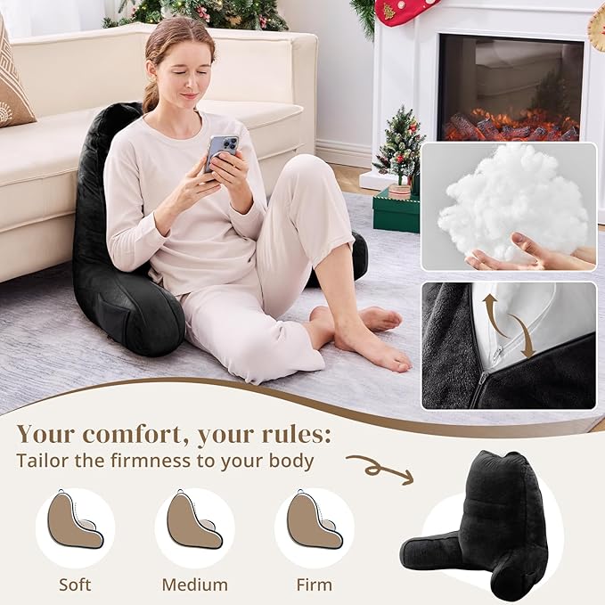 Sasttie Reading Pillow for Bed - 23 Inch, Back Pillow for Bed Sitting Up, Back-Rest Support Cushion with Side Pockets and Arms, Dorm Essentials, Oeko-Tex Certified, Black