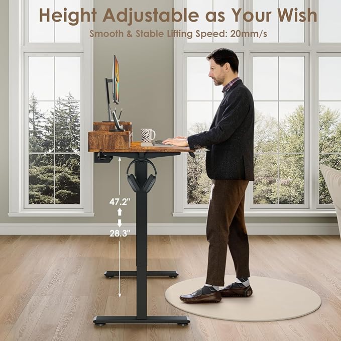 48x24 Inch Electric Standing Desk with 2 Drawers, Adjustable Height Desk with Storage Shelf, 3 Preset Heights, 2 Hooks and Cable Management, Ergonomic Rising Computer Table for Home Office