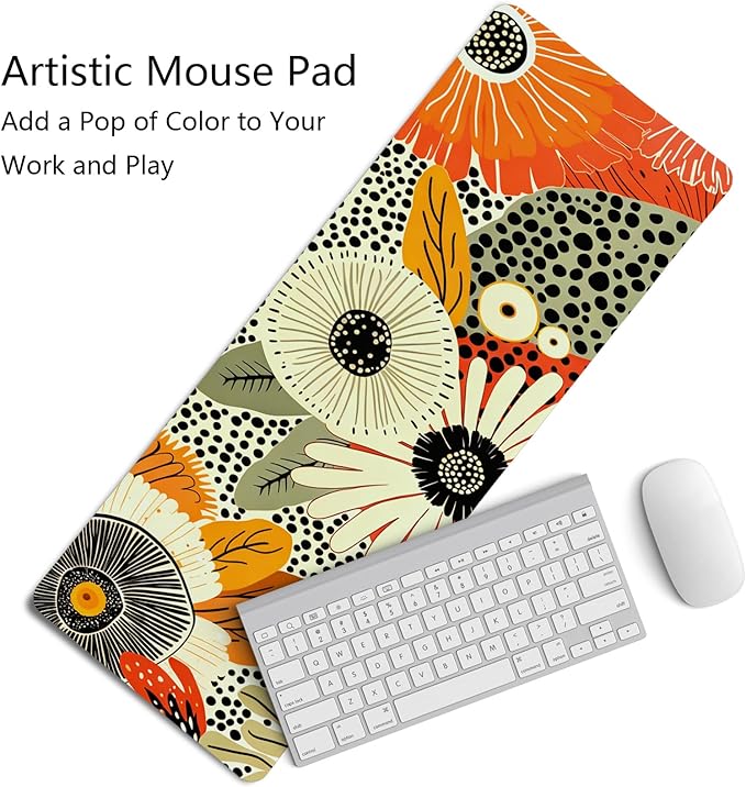 Boho Mid-Century Modern Floral Mouse Pad,XL Large Art Aesthetic Retro Abstract Flower Desk Mat,Summer Colorful Botanical Flower Mousepad for Home Office Dorm Desktop Decor,31.5x11.8 Inch
