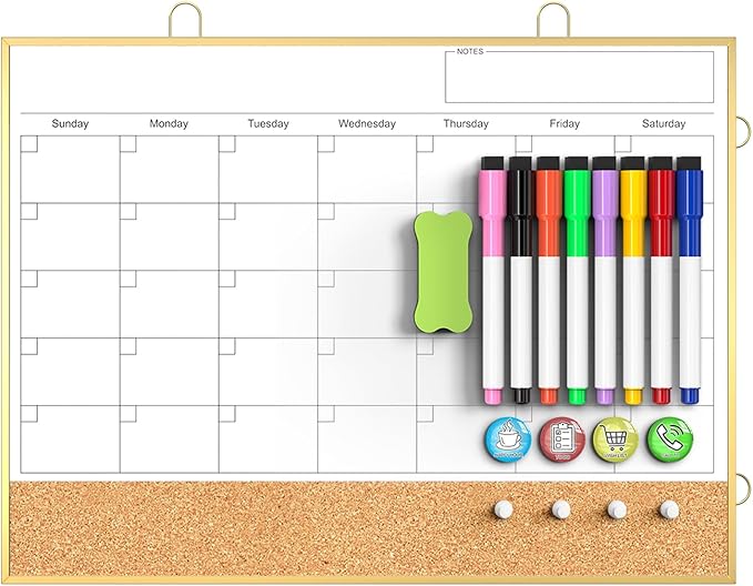 Calendar Whiteboard for Wall, 16"X12" Small Dry Erase Board Cork Board Combo, Hanging Double-Sided Magnetic White Board Monthly Calendar for Office, Kitchen, Home, Planner, Memo