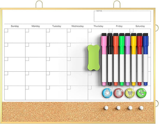 Calendar Whiteboard for Wall, 16"X12" Small Dry Erase Board Cork Board Combo, Hanging Double-Sided Magnetic White Board Monthly Calendar for Office, Kitchen, Home, Planner, Memo