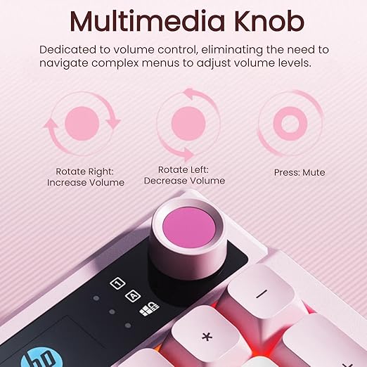 HP K500F Wireless RGB Keyboard, Tri-Mode (2.4G/BT/Wired), 99 Keys Membrane Keyboard with Volume Knob, 3000mAh Battery, Adjustable RGB Breathing Light, Round Keycaps, Windows Compatible, Pink