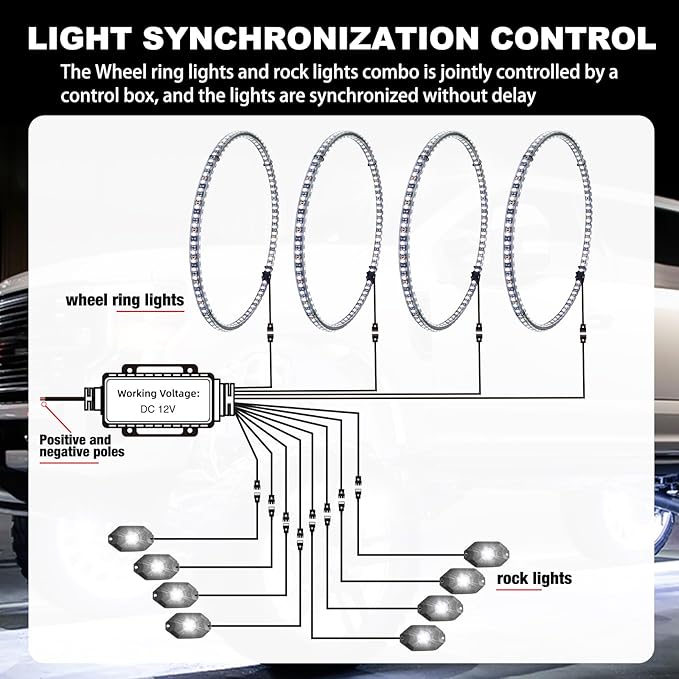 Pure White 8Pods Rock Lights and 17inch Double Row Wheel Ring Lights Combo 6000K LED Underglow Light and Rim Light Kit Fit for Trucks, Pickup