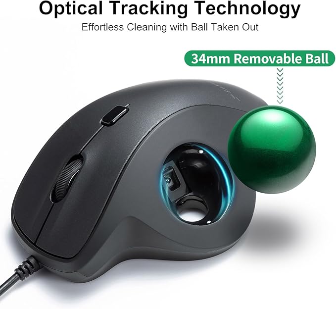 SANWA Wired Ergonomic Trackball Mouse, Optical Vertical Rollerball Mice, Silent Buttons, 34mm Trackball, 600/800/1200/1600 DPI, Compatible with MacBook, Laptop, Computer, Windows, macOS, Green