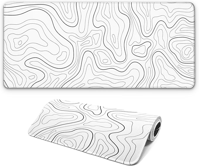 Large Computer Mouse Pad with Non-Slip Base for Desktop, Cute Gaming Mouse Mat with Stitched Edges, Long Extended Anime Mousepad for Laptop, 31.5 x 11.8 inches (White Topographic Map)
