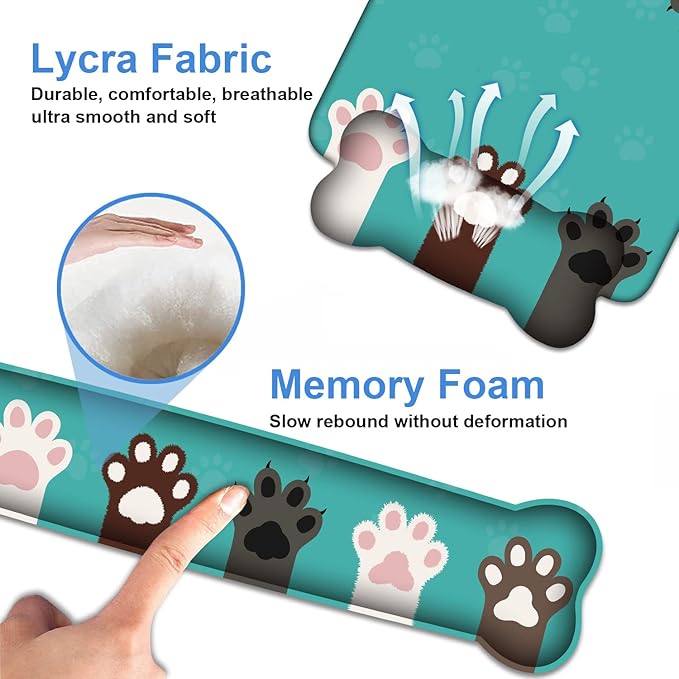Wrist Rest Support Ergonomic Gel Mouse Pad & Memory Foam Keyboard Set, Non-Slip Rubber PU Base for Home Office Working Studying Easy Typing & Pain Relief, Cute Cat Paws