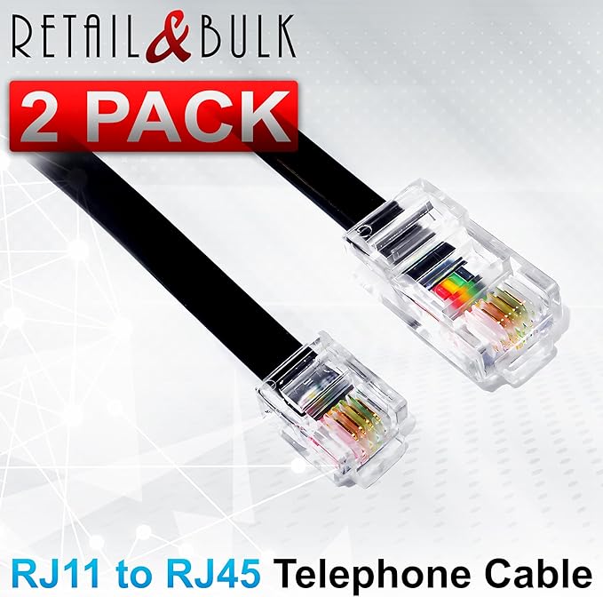 (2 Pack) 3 Feet RJ11 6P4C to RJ45 8P4C Telephone Cable (3 ft, Black)