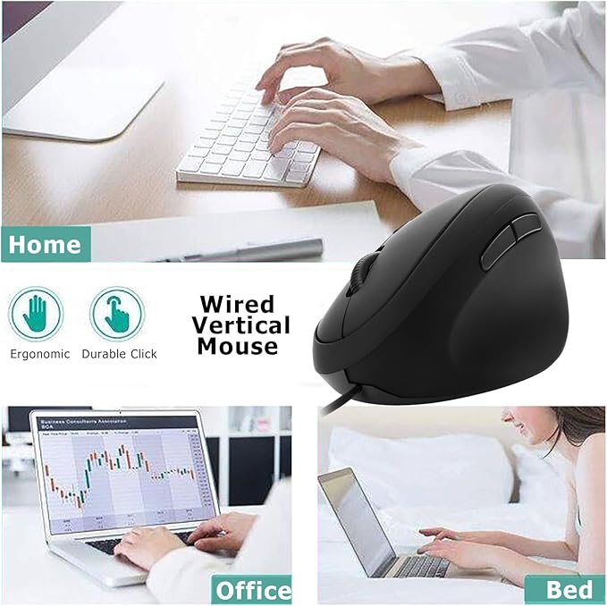 Wired Vertical Mouse, Ergonomic Optical USB Cord PC Gaming Mice 800-1200-1600 DPI Portable Silent Mause for Laptop Desktop Office Use (Black)