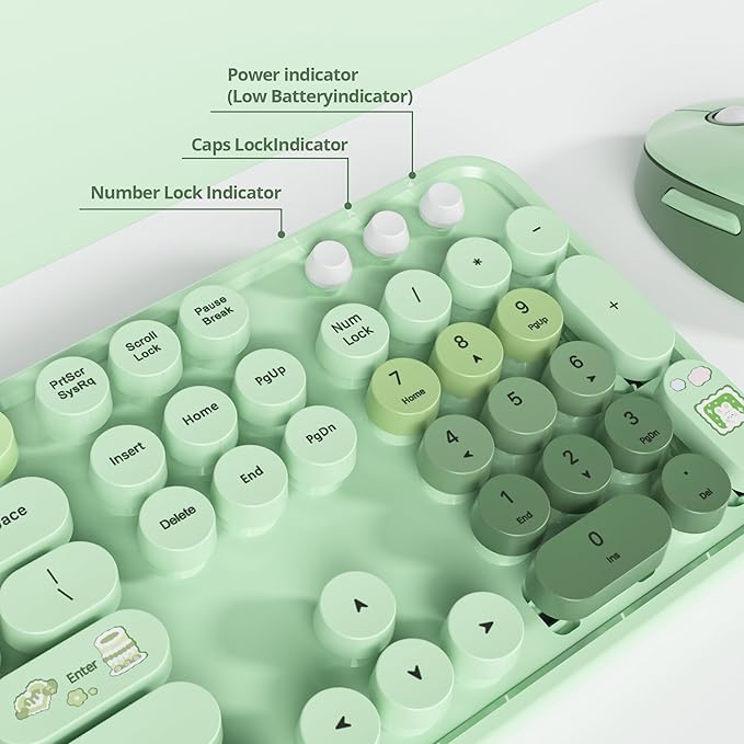 Cute Green Keyboard and Mouse Combo Wireless, 2.4G Full Size 104-Key Retro Typewriter Keyboards Round Keys for Students Teenagers Home Office PC Laptop(Light Green)