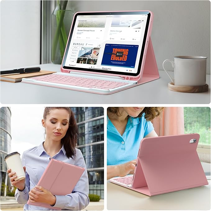 for iPad 10th/11th(A16) Generation Case with Keyboard 2022/2025, 10.9 Inch Magnetic Detachable Bluetooth Keyboard Folio Cover, Soft Silicone Lining & Built-in Apple Pencil Holder, Pink