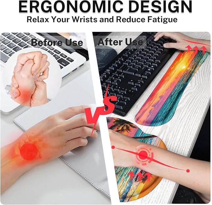Arttown Sun Beach Desk Mat Tropical Ocean Mouse Pad Set 4 in 1 Ergonomic Design Large Mouse Pad + Keyboard Wrist Rest + Mouse Wrist Rest + Coaster Suitable for Home Office Study Game
