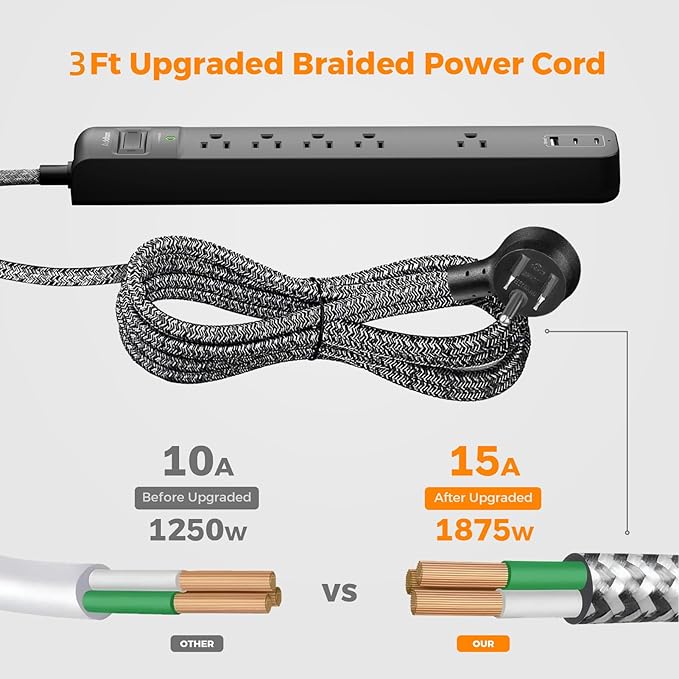 2 Pack Short Power Strip Surge Protector- Addtam USB C Power Strip,3ft Flat Extension Cord with 5 Widely 3 USB (2 USB-C) Ports, Desktop Charging Station for Home Office College Dorm Room Essentials