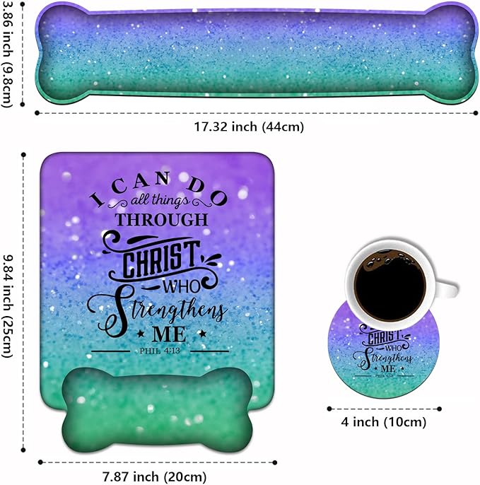 Wrist Rest Support Ergonomic Gel Mouse Pad & Memory Foam Keyboard Set, Non-Slip Rubber PU Base for Home Office Working Studying Easy Typing & Pain Relief, Quote Bible Verse Phil 4:13