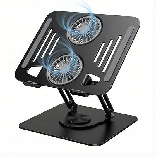 Laptop Cooling Stand with Dual Turbo Cooling Fans, Adjustable Height & Angle, 360° Rotating, Ergonomic Aluminum Notebook Riser for 10-17 inch Laptops (Obsidian Black)
