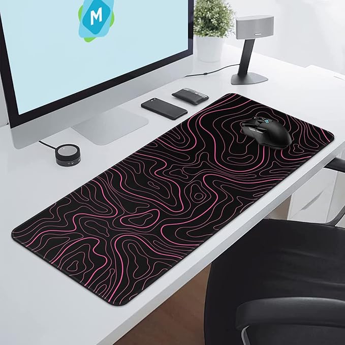 Mouse Pad Gaming Mousepad 31.5 x 11.8 in Large Mouse Pad for Keyboard and Mouse with Anti-Slip Rubber Base, Keyboard Pad XL Mouse Mat for Home and Office(Black with Red Topographic Line)