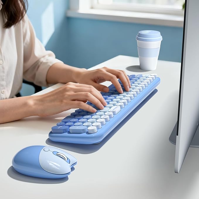 Wireless Keyboard and Mouse Combo, MOWUX Compact Typewriter Retro Round Computer Keyboard, Cute Optical Mouse Wireless, Plug and Play, for Laptop, PC, Computer- Blue Gradient