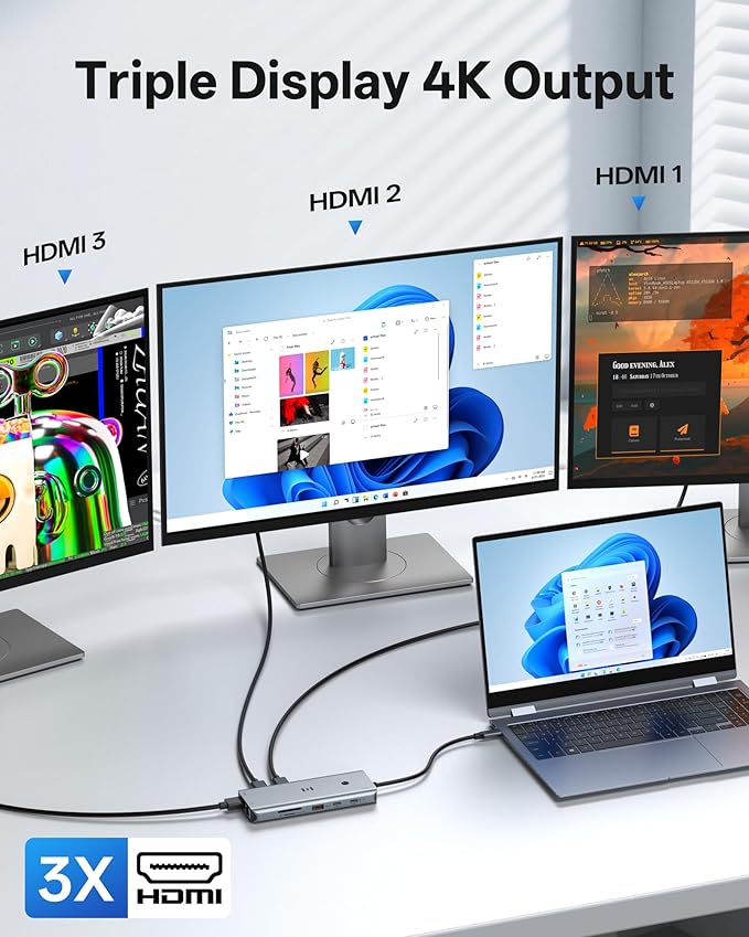 USB C Docking Station 3 HDMI, Selore 12-in-1 Docking Station 3 Monitors with Triple HDMI, 10Gbps USB A/C 3.1, 100W PD Charging, Gigabit Ethernet, SD/microSD Card Reader for Dell/HP/Lenovo Laptops
