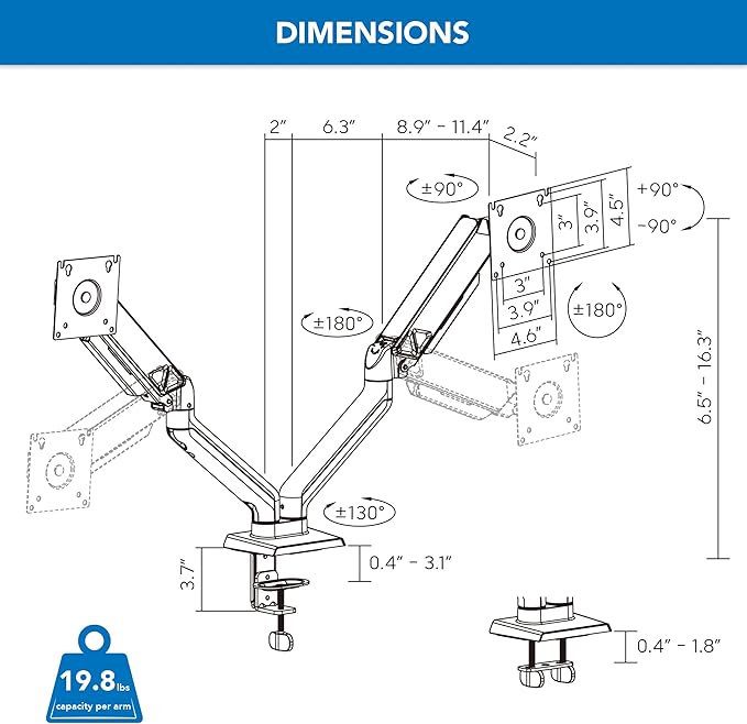 Mount-It! Full Motion Dual Monitor Mount with Spring Arms, 17" to 32", Full Motion Monitor Arm with Tilt, Rotation, Swivel, Height Adjustment, Clamp or Grommet, Fits VESA 75x75 and 100x100 - Black