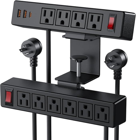 Dual Layer Desk Clamp Power Strip Surge Protector, Under Desk Power Strip with 10AC Outlets & 3 USB(20W USB-C), Desktop Edge Mount Charging Station, 15 Ft Extension Cord for Office Home (ETL Listed)
