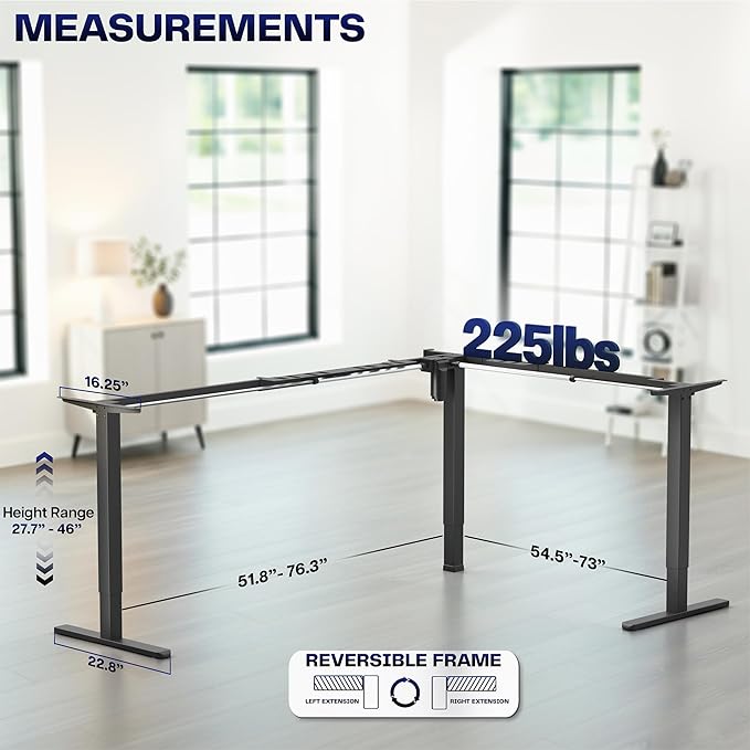 VIVO Extra Large Electric Single Motor Height Adjustable 3-Leg Corner Standing Desk Frame, Holds up to 225 lbs, Sit Stand L-Shaped Motorized Legs Only, Black, DESK-E384B