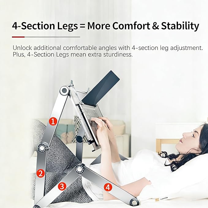 Large Bed Desk for Laptop - Adjustable Height, Foldable Computer Desk | Lying Down Laptop Stand for Bed, Couch,with Adjustable Mouse Pad (Silver)