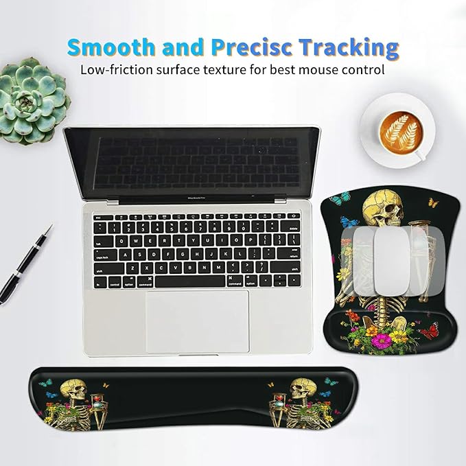 Ergonomic Mouse Pad with Wrist Support Gel Mousepads and Upgrade Keyboard Wrist Rest Pad Set, Coasters Non-Slip PU Base Mouse Mat for Office Gaming Computer Laptop, Flower Butterfly Skull