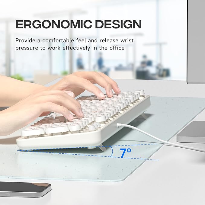 Computer Keyboard Wired, Plug Play USB Retro Round Typewriter Keyboard, Full Size Wired Keyboard with Foldable Stands for Laptop and Office PC