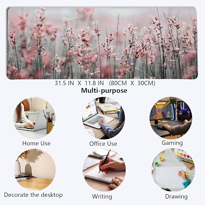 Pink Lavender Floral Mouse Pad,XL Large Spring Summer Meadow Mouse Pads,Aesthetic Cottagecore Flower Desk Mat,Impressionist Botanical Grass for Home Office Dorm Desktop Decor,31.5x11.8 Inch