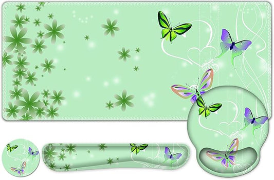 Mint Green Butterflies Florals Mouse Pad, XXL Large Desk Mat Extended Reading Desk pad, 4PCS Non-Slip Rubber Base Computer Big Mousepads for Work, Game, Office, Home Decor Cute Girls Woemn Gifts
