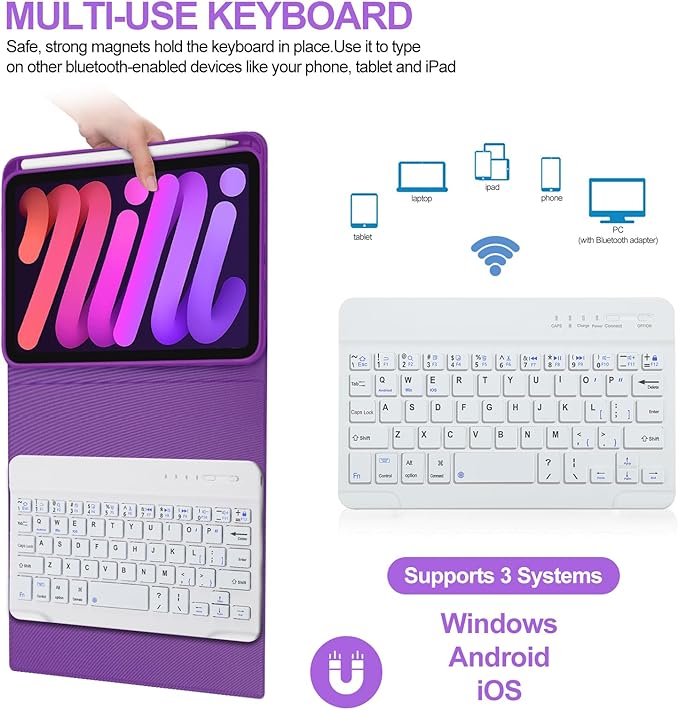 BORIYUAN iPad mini 7th Keyboard Case 2024, Detachable Wireless Bluetooth Keyboard Slim Folio Smart Cover with Build-in Pencil Holder for iPad mini 6th Generation 8.3 inch 2021 – Purple