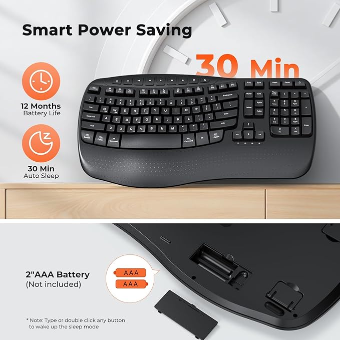 MEETION Wireless Ergonomic Keyboard, Wave Keys Wrist Rest for Natural Typing, 2.4G USB-A Cordless Receiver and USB-C Adapter, Ergo Computer Keyboard Compatible with Windows/Mac/PC/Laptop, Black