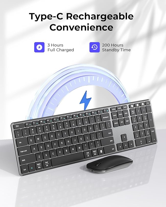 seenda Wireless Bluetooth Keyboard and Mouse Combo, SKM64-3 Rechargeable Slim Quiet Keyboard Mouse, 3 Multi-Device Connection, Compatible for Windows, Mac, MacBook, iPad, Tablet, Black Gray