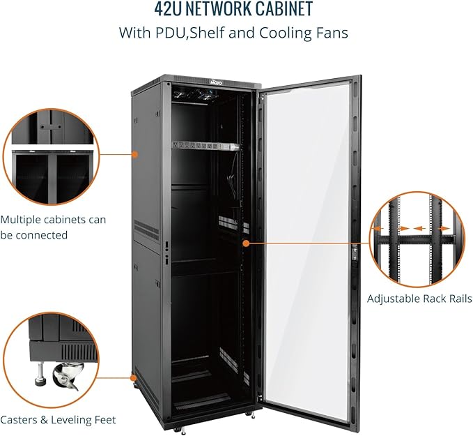 Tecmojo 42U Server Rack Network Cabinet 23.6" D x 23.6" W, Locking Data Cabinet Enclosure for 19" Server, Networking, AV & IT Equipment, Clear Door, Black