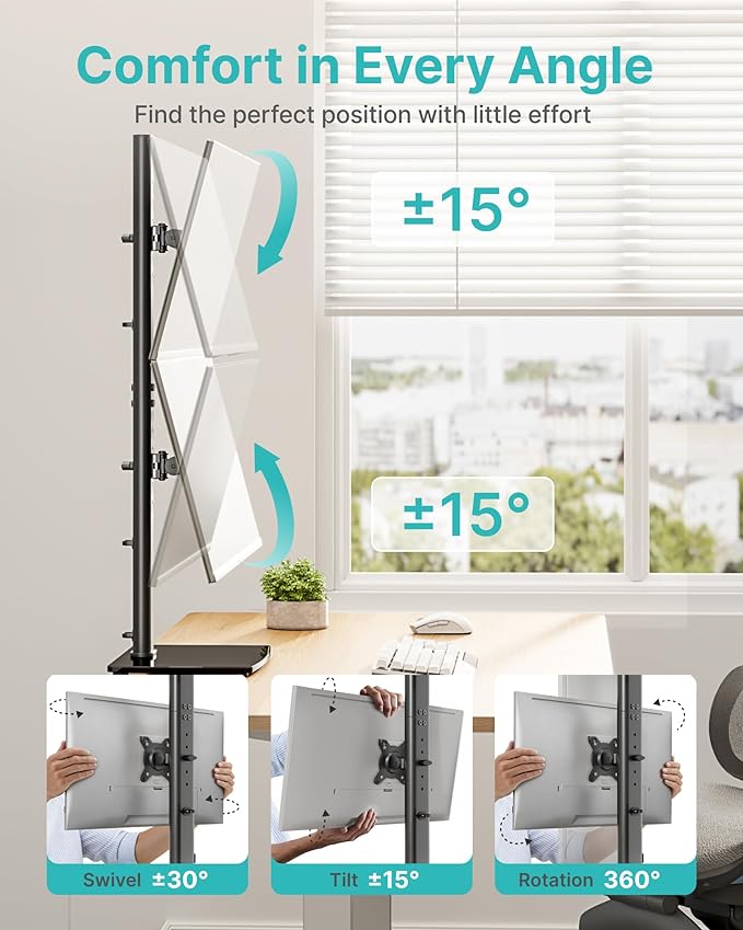 Vertical Dual Monitor Stand for 17–34 Inch Screens, Stacked Monitor Mount, Holds up to 33 lbs per Arm, Tabletop Screens Riser with Full Motion, 33.3" Pole 12 Height Settings, 75/100 VESA