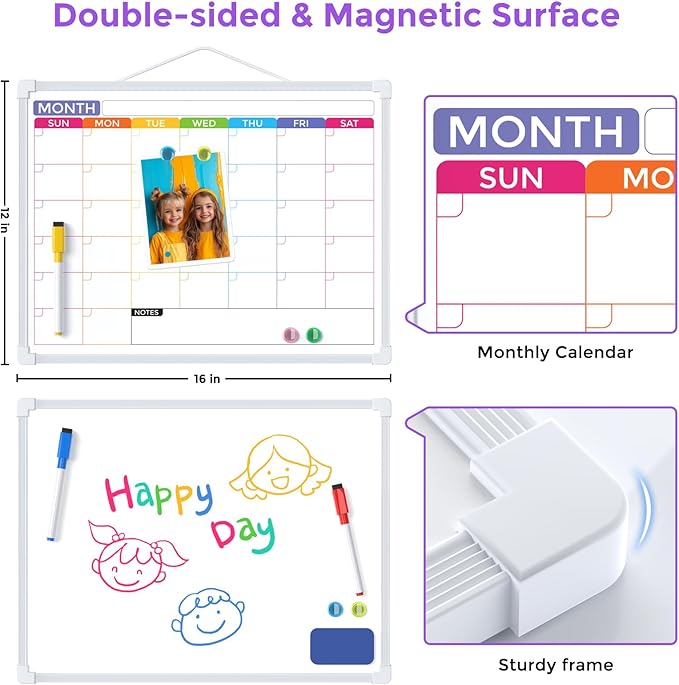 MaxGear Monthly Calendar Dry Erase Board for Wall, 16"x12" Small Hanging Double-Sided White Board with 5 Markers & 4 Magnets, Portable Whiteboard for Students - Planning, Drawing, Memo, to Do List