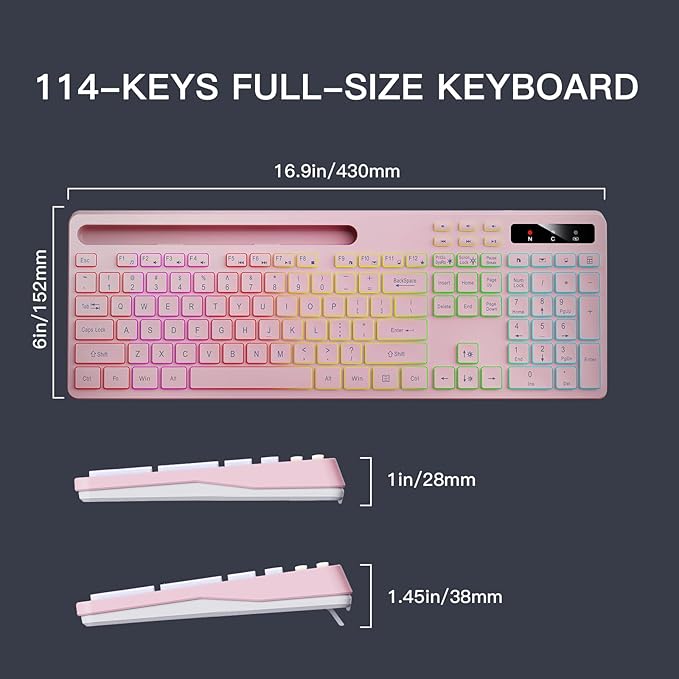 Wireless Keyboard with 7-Color RGB Backlit, Full-Size Computer Keyboard with Phone Tablet Holder, 2.4G Rechargeable Gaming Keyboard with Light Up Keys, Compatible with Mac, Windows (Pink)
