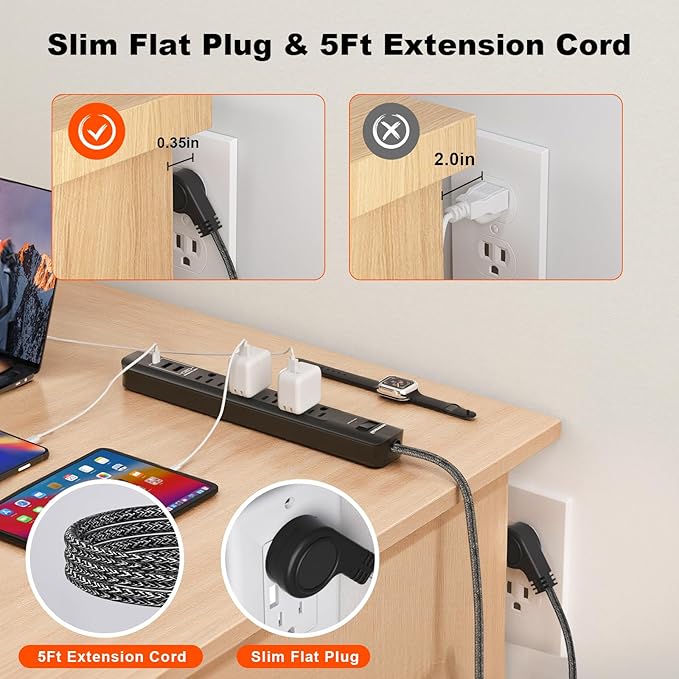 2 Pack Power Strip Surge Protector - 5Ft Extension Cord with 6 Outlets with 3USB Ports(1 USB C) Port, 1875W/15A, Flat Plug, Wall Mount Desk Charging Station for Home Office, Dorm Room