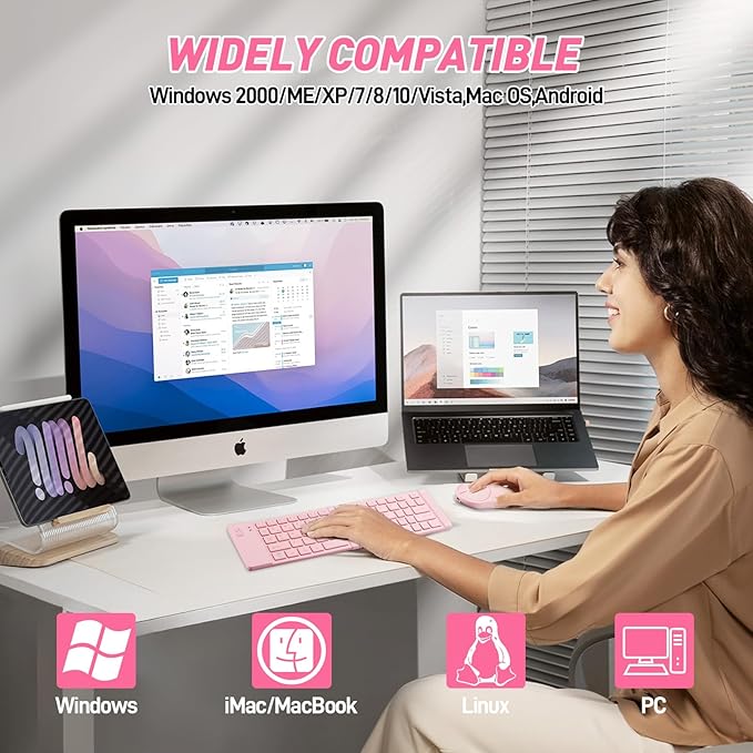 Mini Rechargeable Foldable Bluetooth Keyboard and Mouse Combo, Portable (Sync Up to 3 Devices), Ultra-Slim Travel Folding Keyboard for iPhone iPad Mac Android Windows iOS（Pink）