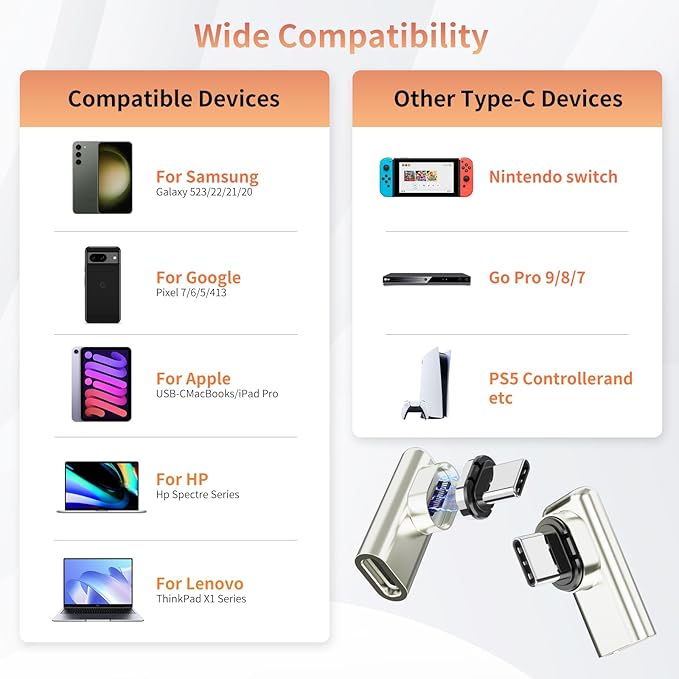 240W USB C Magnetic Adapter, Right Angle 90 Degree USB-C Male to Female Connector, 40Gbps Data Transfer, 4K Video Output, Right Angle USBC Adapter for MacBook Pro/Air, Steam Deck, PS5