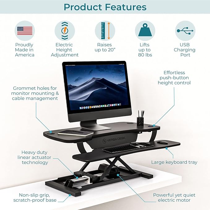 Power Pro Electric Height-Adjustable Desk Riser by VersaTables | USA Manufactured | Standing Desk Converter | Sit to Stand Desktop with Keyboard + Mouse Tray | 36"x 24" | Black