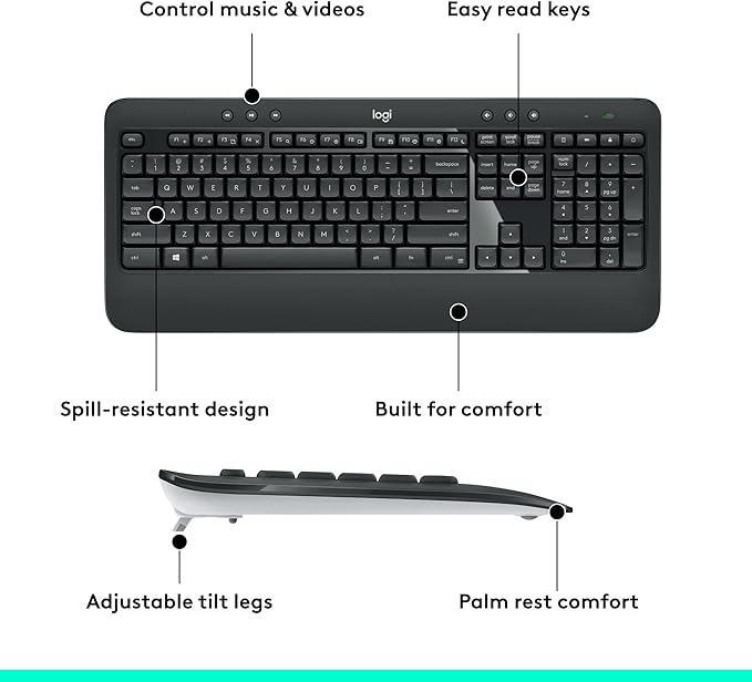 Logitech MK540 Advanced Wireless Keyboard and Mouse Combo for Windows, 2.4 GHz Unifying USB-Receiver, Multimedia Hotkeys, 3-Year Battery Life, for PC, Laptop