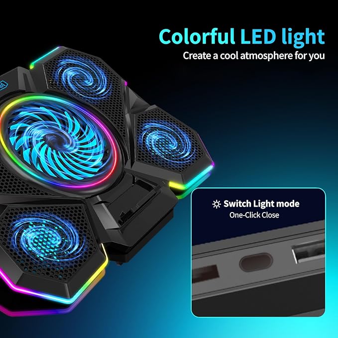Laptop Cooling Pad, Gaming Laptop Cooler with 5 Quiet Fans and LED Lights (One-Click Close), Laptop Fan Cooling Pad Fits 12-17 Inch Laptop, 7 Adjustable Height