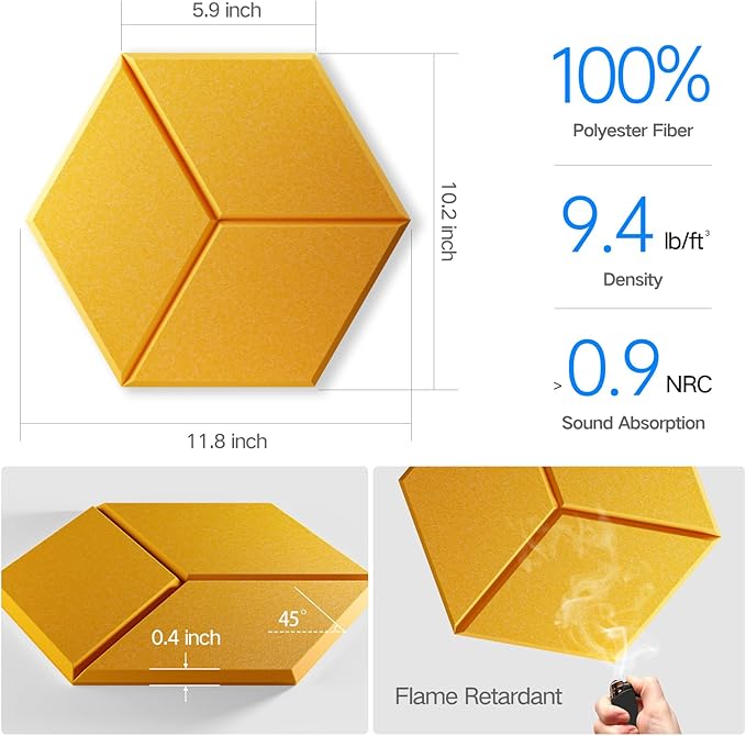 8 Pack Self-Adhesive Acoustic Panels 12" X 10" X 0.4" -Sound Proof Foam Panels for Wall with High Density, Y-Lined Design, Flame Resistant, Absorb Noise and Eliminate Echoe(Orange Yellow)