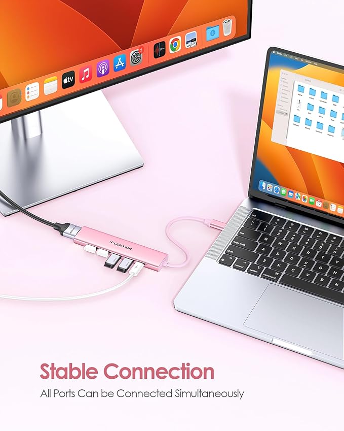LENTION USB C Hub Multiport Adapter with 100W Charging, 4K HDMI, 4 USB-A Data Ports, Type C Hub for 2016-2026 MacBook Pro/Air/Neo, Surface, Chromebook, USB Splitter for iPhone 15-17 (CH17, Rose Gold)