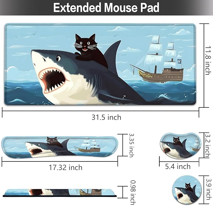 Large Mouse pad and Keyboard Support Set, Ergonomic Memory Foam Keyboard Wrist Rest, Extended Gaming Mouse Pad with Stitched Edges, Cute Cat Riding Shark XXL Desk Mat (31.5 X 11.8 in)