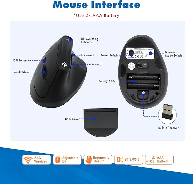 J-Tech Digital Wireless Mouse, Vertical Ergonomic Mouse with 2.4G Wireless & Bluetooth for 3 Multi-Device Function, Adjustable DPI Modes, Compatible with PC, Mac, Laptop - Black