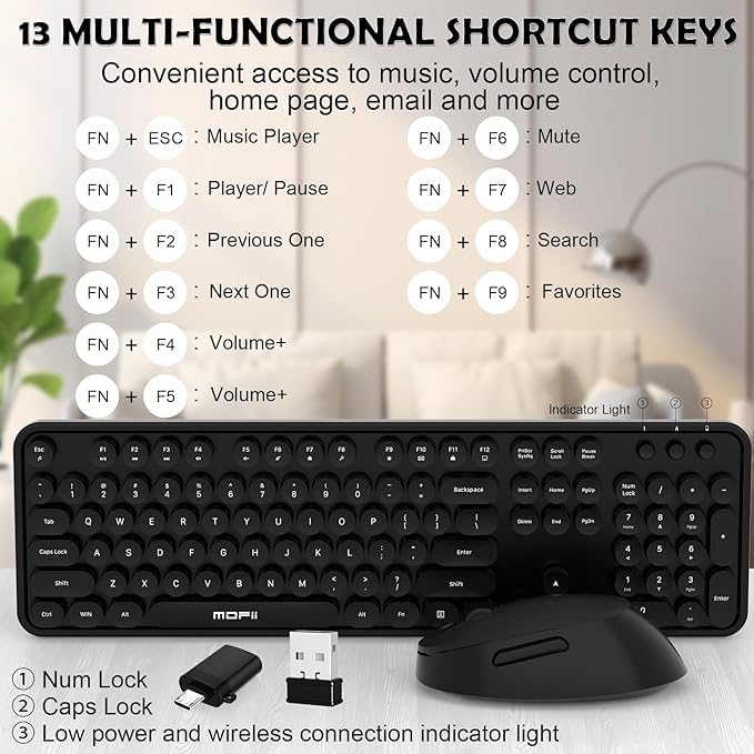 Wireless Keyboard and Mouse Combo, MOFII 104 Keys Full-Size Retro Round Keys Typewriter Keyboards Ergonomic Keyboards and Mouse Wireless for Windows, PC, Laptop, Desktop Black