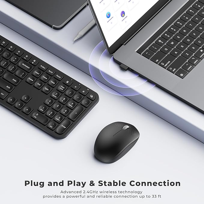 Wireless Keyboard and Mouse Combo - seenda Full Size 2.4G USB Wireless Keyboard Mouse Set, Quiet Cordless Computer Keyboard Mouse for Windows, Laptop, PC - Black